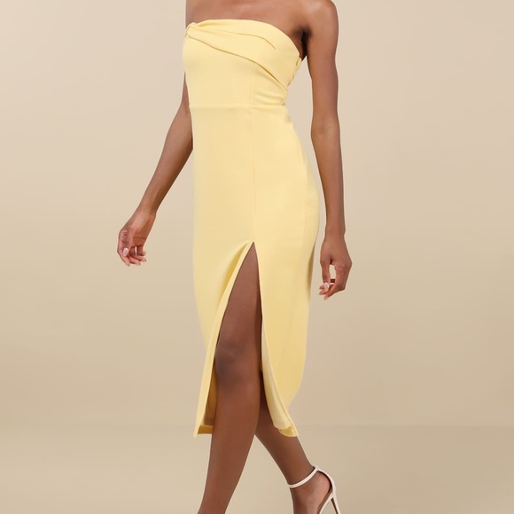 Lulu's Twist And Make Up Light Yellow One-shoulder Bodycon Midi Dress - Picture 4 of 4